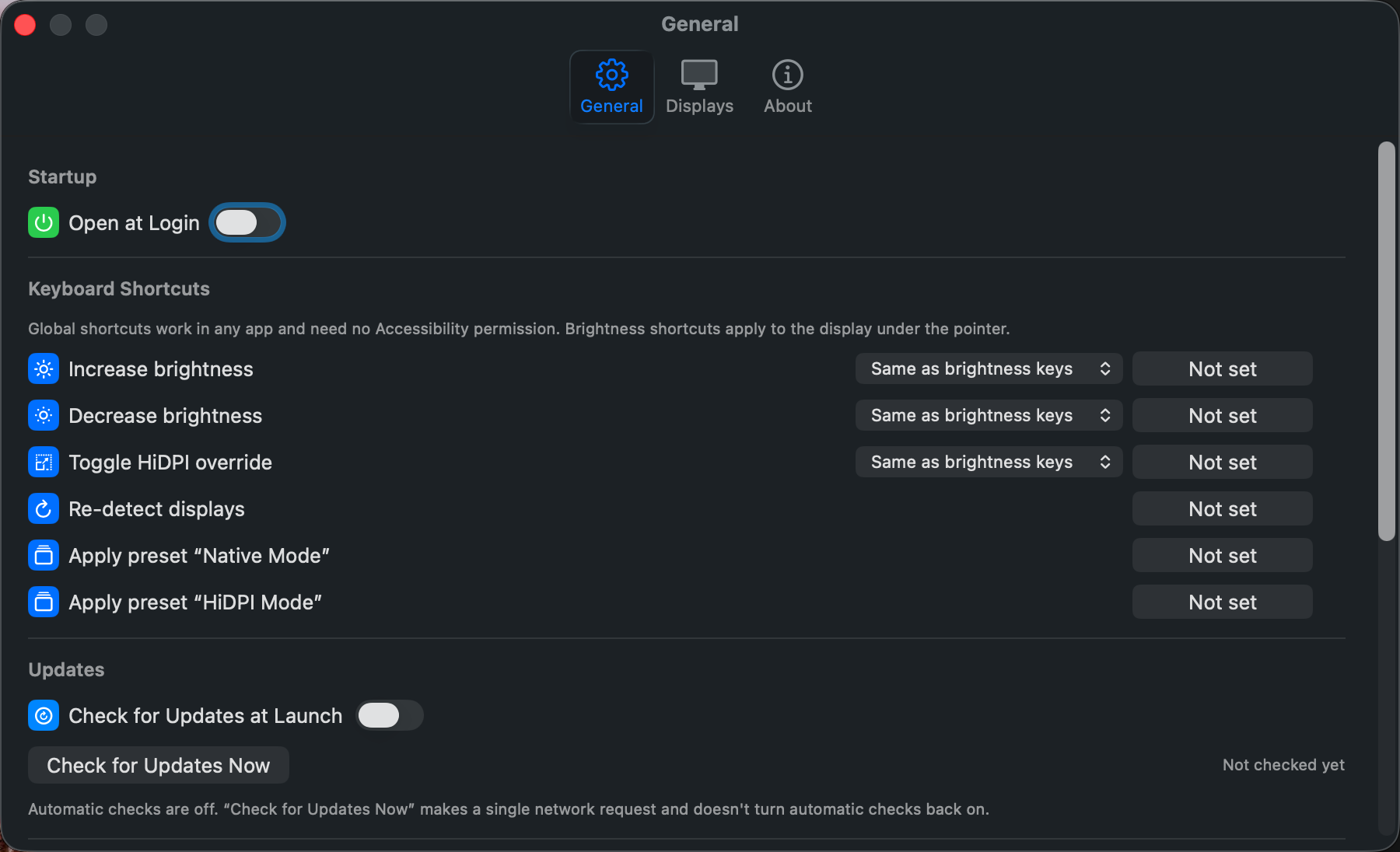 DisplayOrbit settings showing brightness shortcuts, display presets, and update controls.