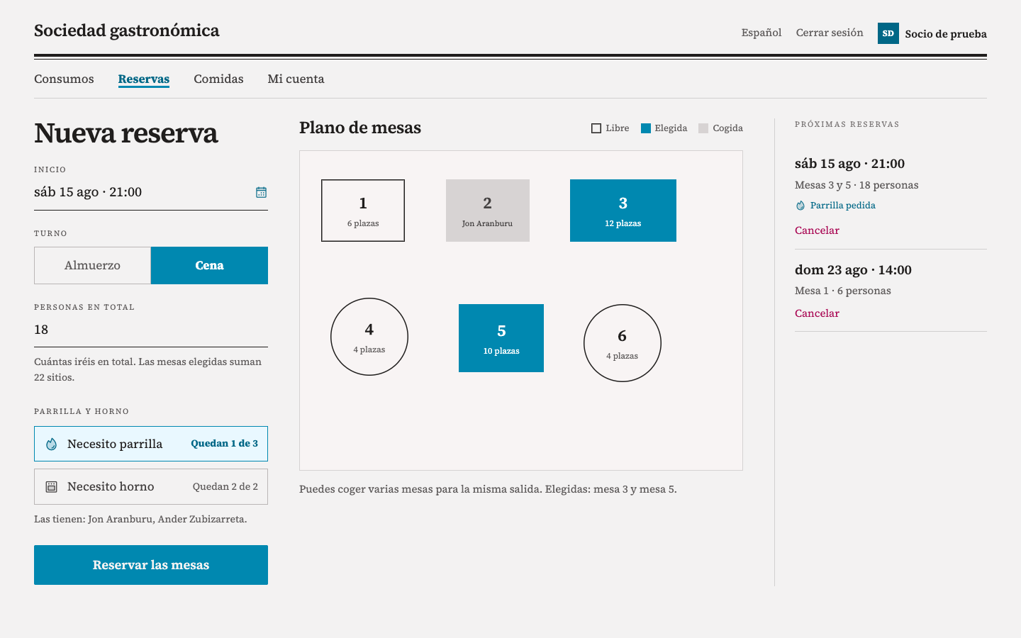 Sociedad reservation interface design showing a reservation form, six-table seating plan, and upcoming example bookings.
